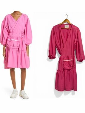 KkCo Utility Wrap Dress Bubblegum Pink Nylon Tiered Puff Sleeve XS Pocket NWOT